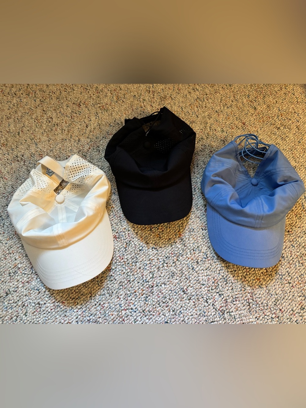 Women’s Baseball Hats (3): Ivory, Black and Light Blue. Pack of 3!
